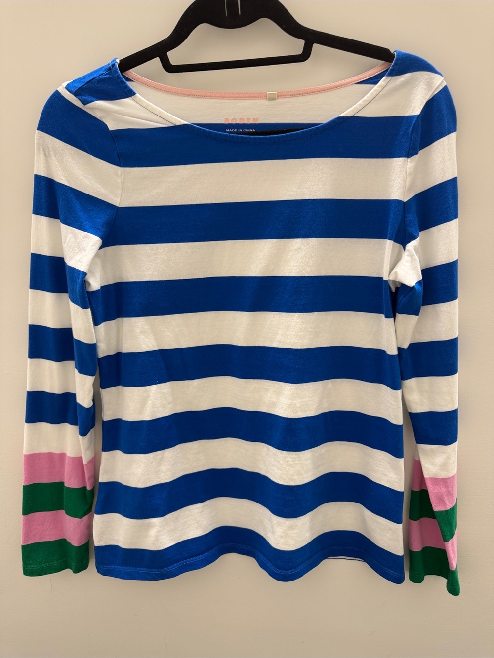Boden Blue and White Striped Top with Pink Trim